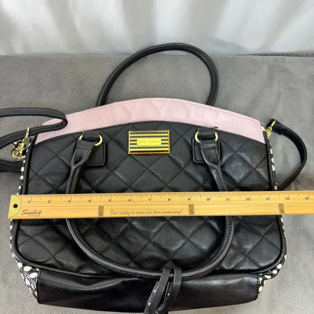 Betsey Johnson Black & Pink Quilted Satchel Gold Tone Accents Pom Pom Bag Charm